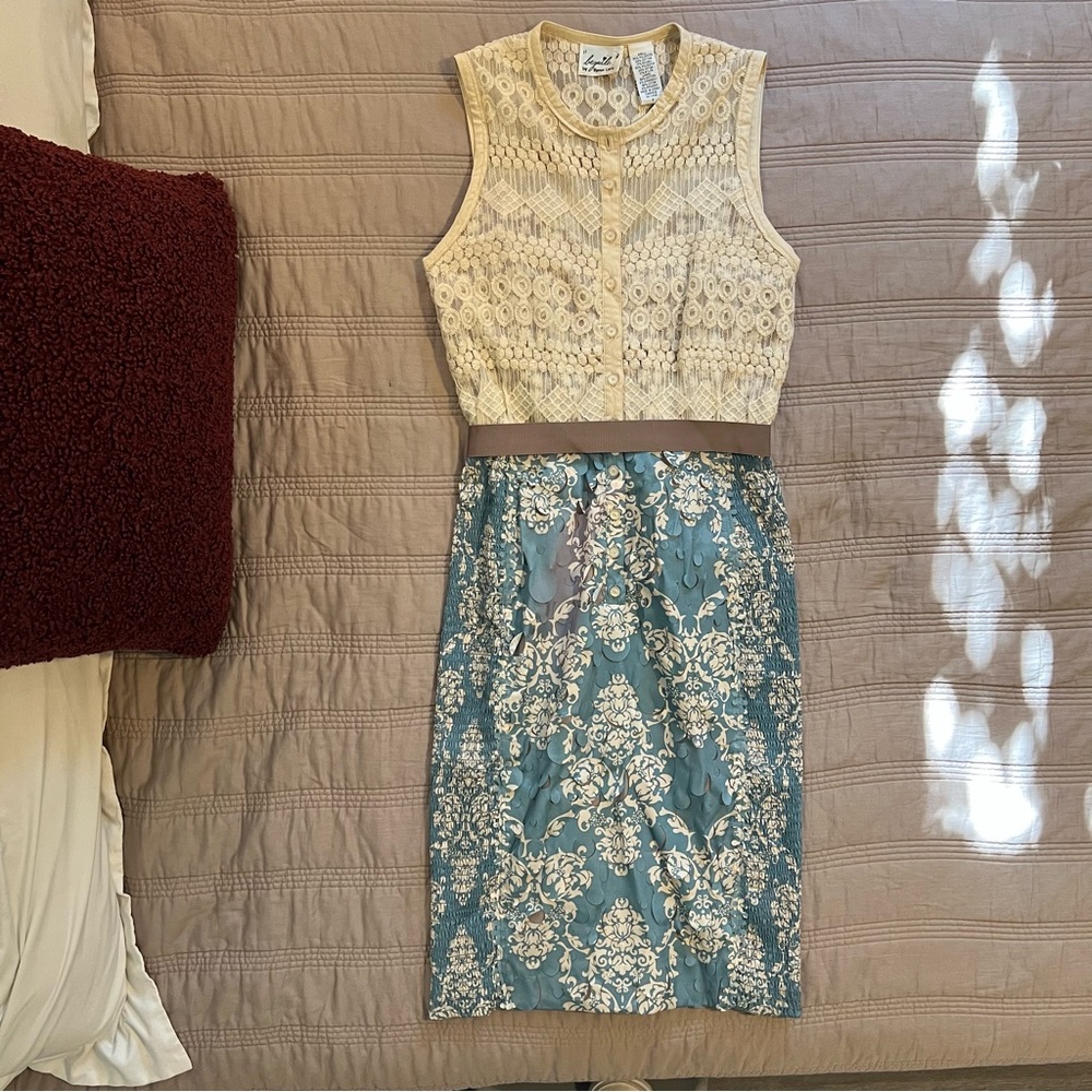 Byron Lars Cream Lace Top Blue Floral Midi Dress with Pink Sash - Picture 3 of 7